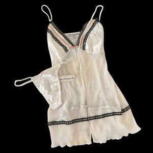 New Linea Donatella Medium Babydoll Thong Panty 2 Piece Set White Nighty